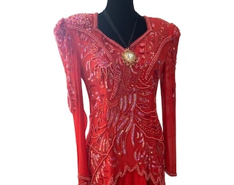 Vintage 80s Neiman Marcus Red Silk Beaded Dress, Glam Cocktail Party