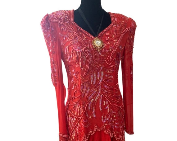 Lady in Red Vintage 80s Glam Designer Dress By Neiman Marcus, Silk Beaded Semi Formal Cocktail Party Dress with Shoulder Pads