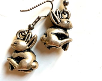 Bunny Earrings!  Antiqued Pewter Tone Minimalist Rabbit Dangles