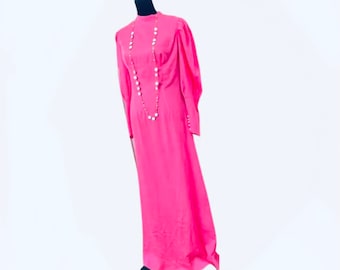 Vintage Hot Pink Maxi Dress, Victorian Prairie Style, Faux Pearl Cuffs