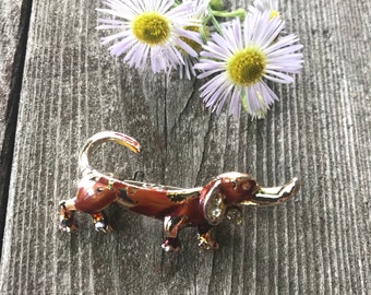 Funny Little Really Old Vintage Brown Enamel on Goldtone Dachshund Hound Dog Pin with Rhinestone Ears