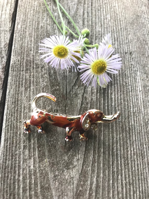 Funny Little Really Old Vintage Brown Enamel on Goldtone Dachshund Hound Dog Pin with Rhinestone Ears