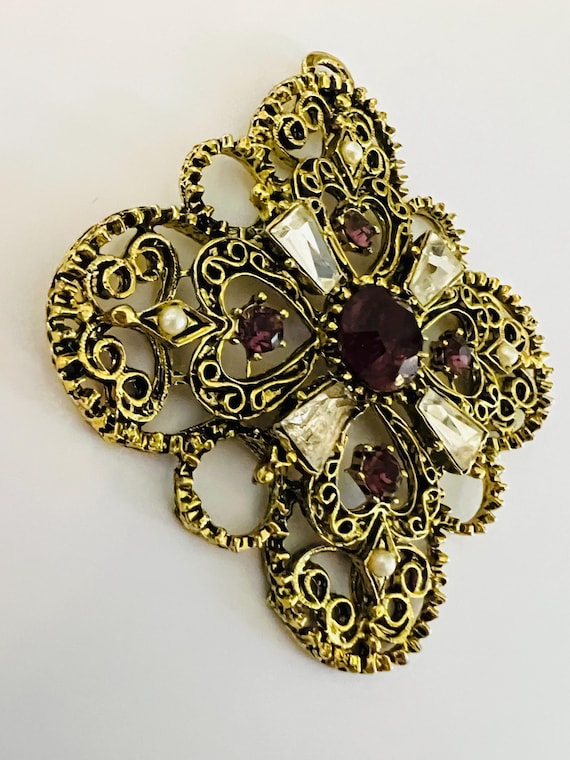 Victorian Revival Goldtone Pendant: Amethyst Rhinestones, Crystal Baguettes