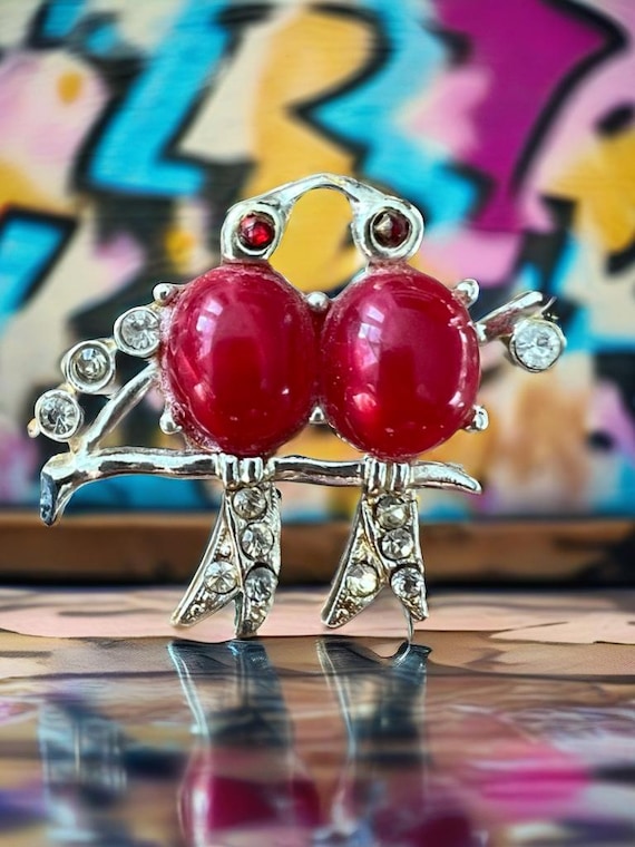 Vintage Love Birds Brooch, Red Jelly Belly Rhinestone Pin