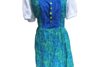 Lace Trim Milkmaid Dress, Color block Blue Green Floral Cotton Print Country Maiden, Dirndl Dress, Great Oktoberfest Costume