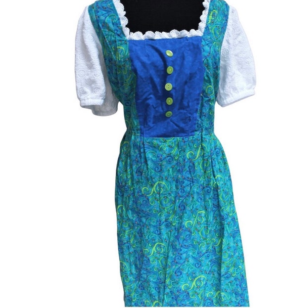 Lace Trim Milkmaid Dress, Color block Blue Green Floral Cotton Print Country Maiden, Dirndl Dress, Great Oktoberfest Costume