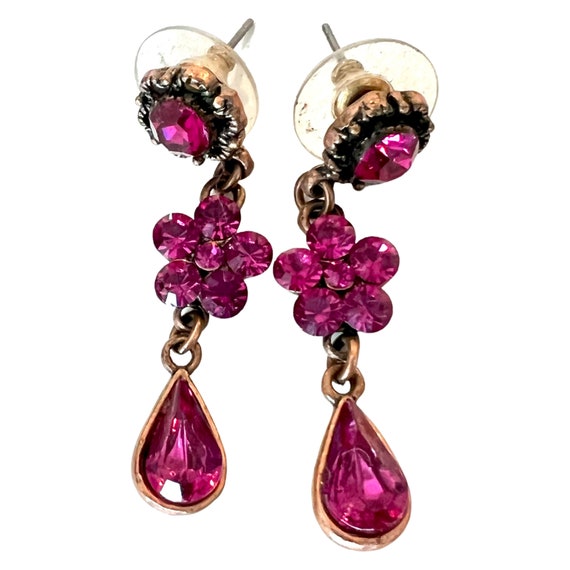 Fuchsia Rhinestone Floral Teardrop Earrings, Glamour Grunge Nineties Vintage Antique Reproduction Victorian Style Pink Dangles