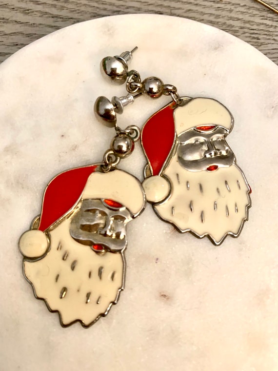 Vintage Santa Earrings, Pop Art Enamel on Silver tone Dangles, Vintage Christmas Earrings, Retro  Kitschmas