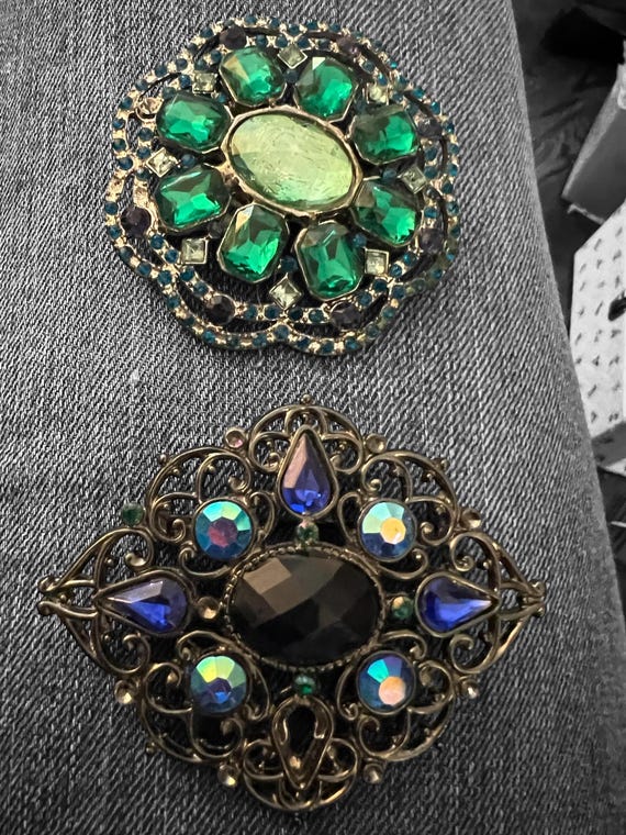 A Fun Pair of 2000 Glam sparkly Victorian Romantic Revival Blue and Green complimenting Lapel Pin Brooches