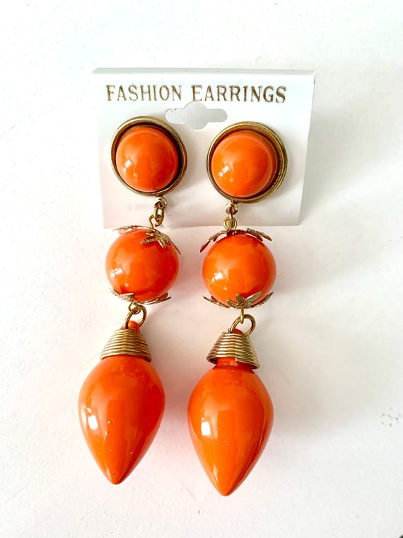 Festive Carrot Orange Dangles, Vintage Statement Earrings, unworn dead stock on original card