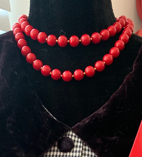 80s Glam Red Beads with Small Goldtone Spacers, Cheerful Holiday Costume Jewelry, 36 inches long, Vintage Red Acrylic Necklace or choker