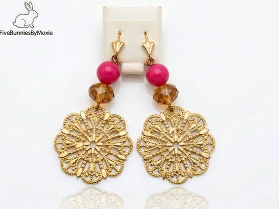 Y2K Gold Tone Filigree Dangle Earrings, Crystals and Beads
