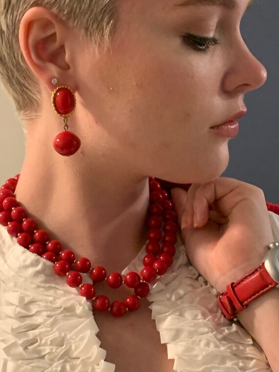 Mid Century Red Drop and Dangle Statement Earrings, Cheerful Signed Vintage Costume Jewelry