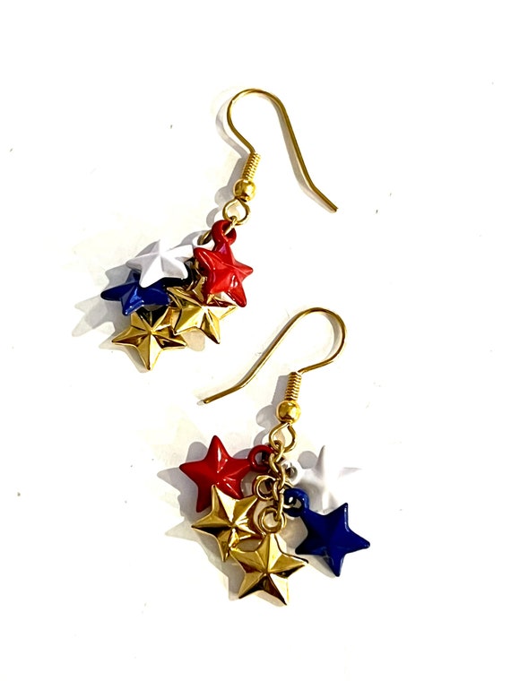 Star spangled Dangles, Red white Blue and golden star earrings, patriotic swingy disco bling USA