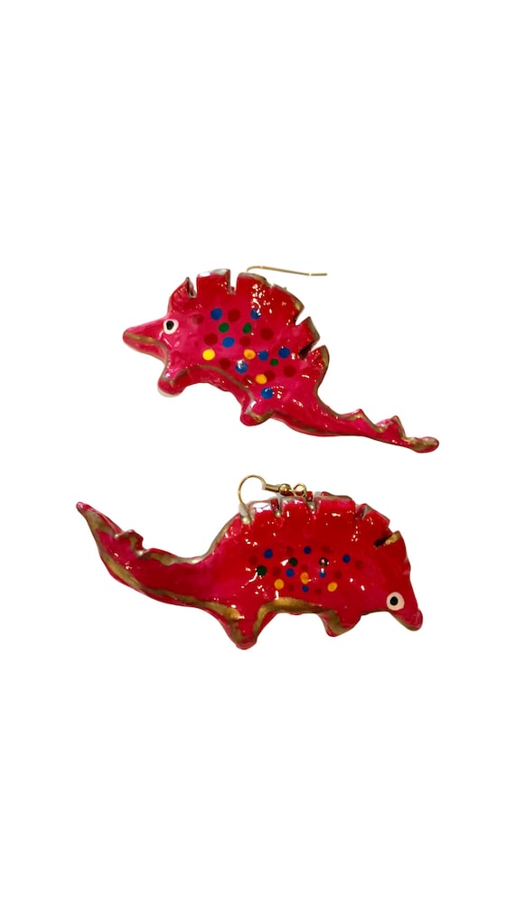 Groovy Pink Polka Dot Dinosaur Earrings! BIG Artisan hand painted Mache Critter Statement Earrings