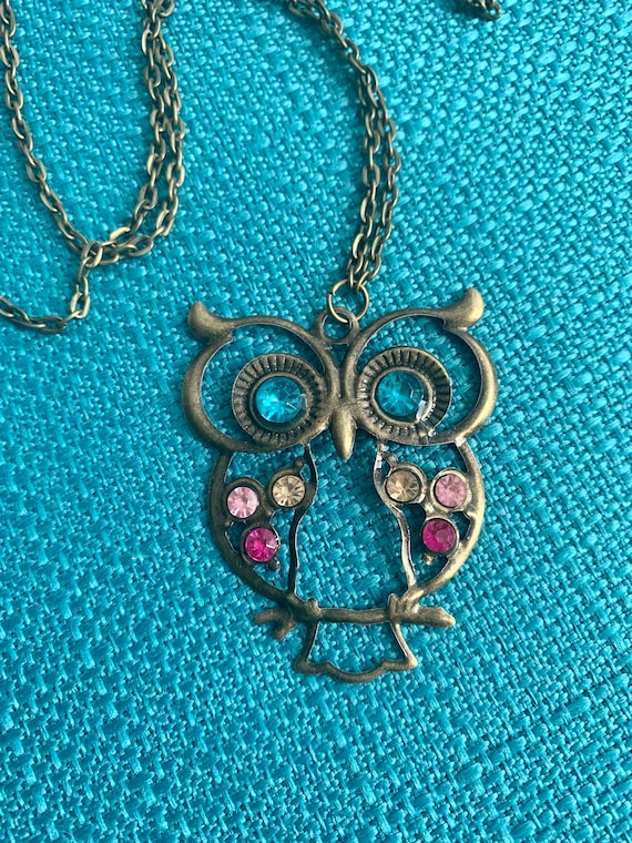 Pink & Blue Rhinestone Owl Necklace, Vintage Brassy Goldtone Ornate Pressed Metal Owl Pendant, Great for a collector or Even a baby shower !