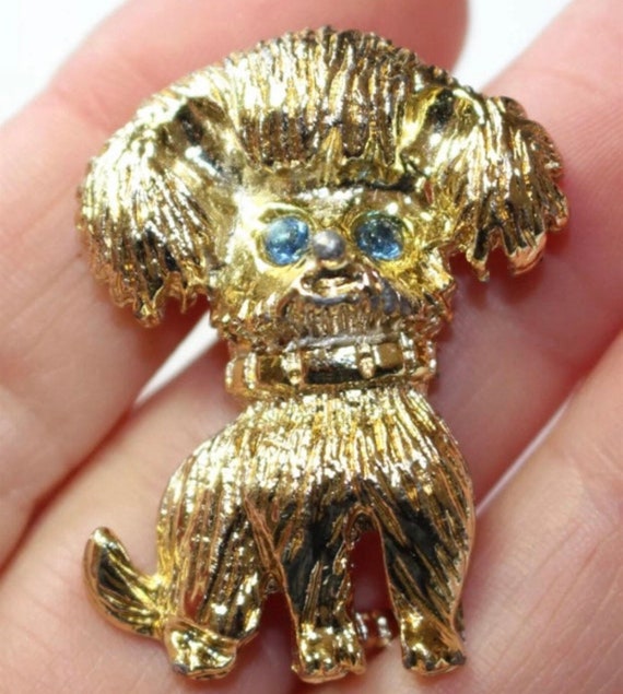 Crazy Looking Kitsch Dog Pin with Aqua Rhinestone Eyes, Mid Century Collectible Jewelry, Vintage Brooch