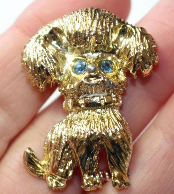 Crazy Looking Kitsch Dog Pin with Aqua Rhinestone Eyes, Mid Century Collectible Jewelry, Vintage Brooch