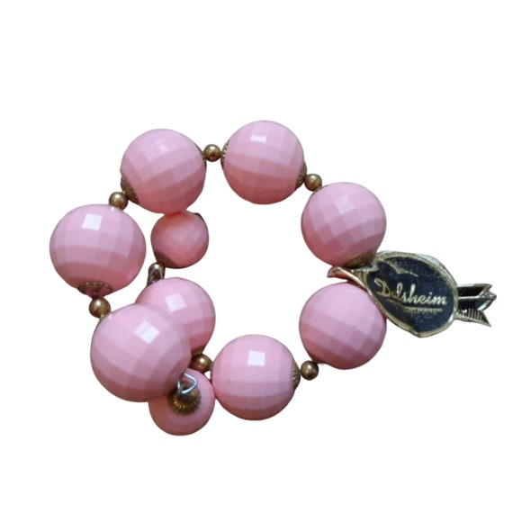 Vintage 1950s Pastel Pink Bracelet, Modernist Faceted Geometric Beads on a Springy Wire, Fits most By Dalsheim, original tag still attached