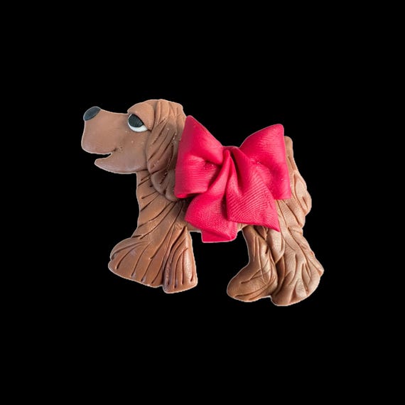 Vintage Art Clay Friendly Brown Dog Pin with Big Red Bow