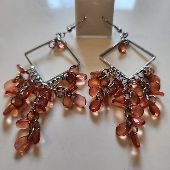 Vintage Y2K Geometric Chandelier Hoop Earrings with Mermaid Blush Rose Peachy Pink Fringy Dangles, Millennial Glamour Jewelry