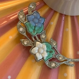 1940s Art Deco Floral Lapel Pin, Baby Blue and White Flowers & Rhinestone Vintage Brooch, Spring Jewelry Spray image 9