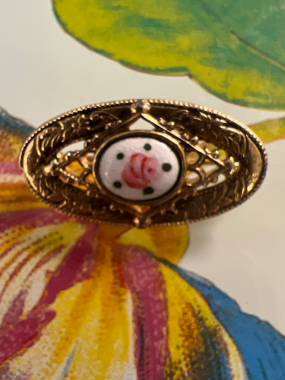 Dainty Guilloche Floral Pin, Enamel Pink Rose on Ornate Goldtone Tiny Vintage Brooch