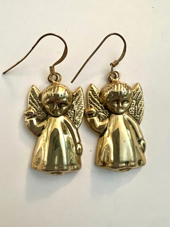 Cottagecore Angel Dangle Earrings, Vintage Pressed Metal Jewelry