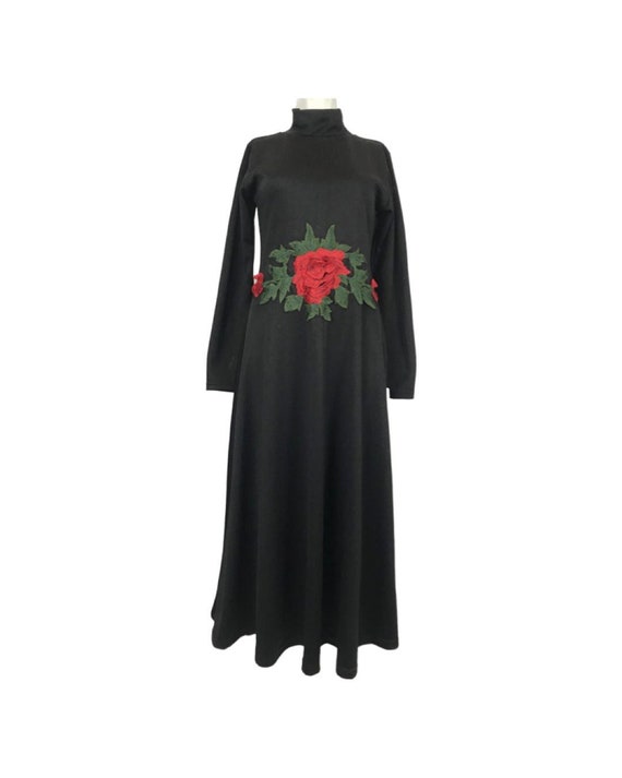 Black MIDI Maxi Dress with Rose Embroidery, Gothic Long Sleeved Black Dress with Red Rose, 90s glamour grunge