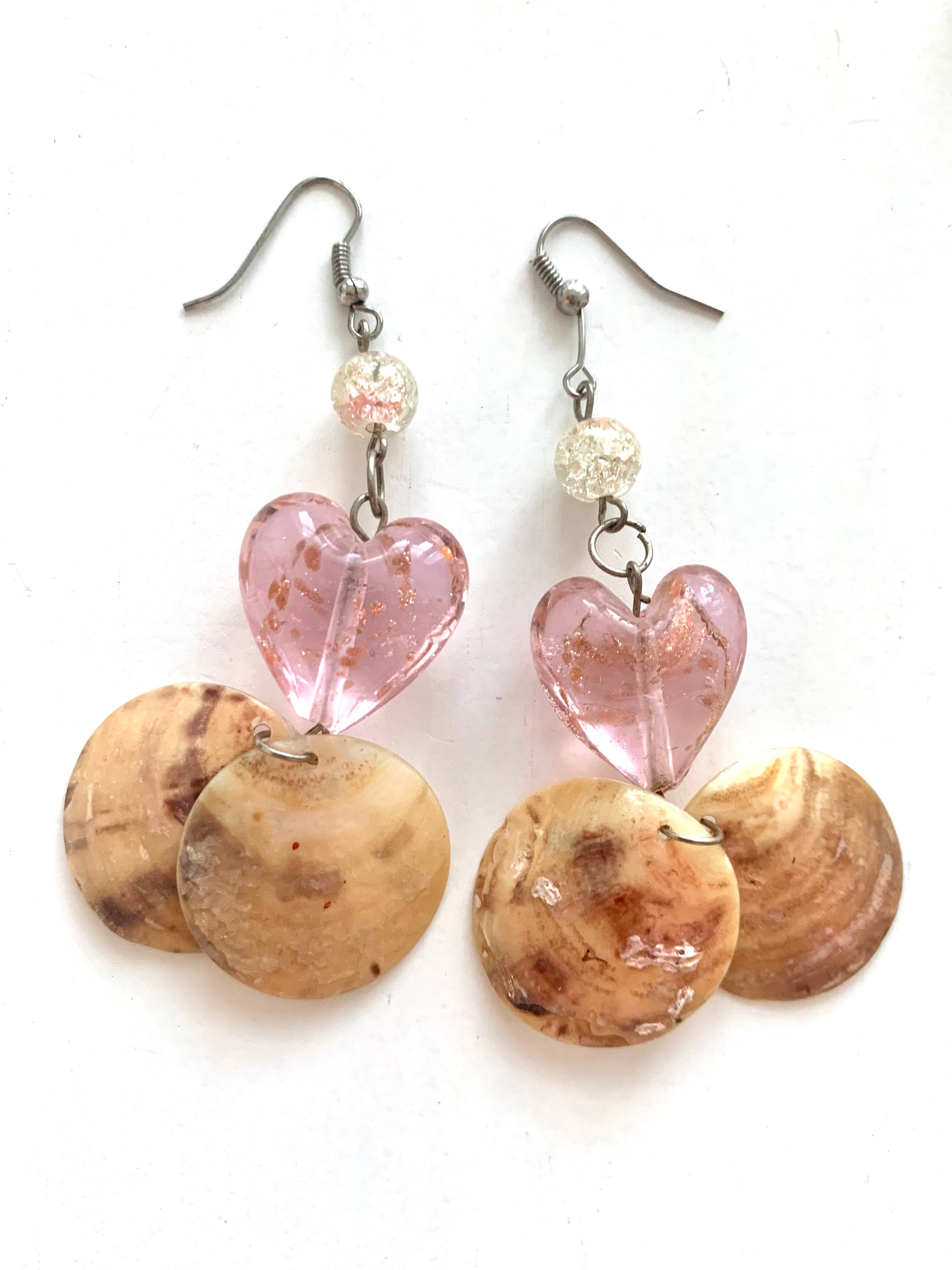 Y2K Pink Heart Dangles Dichroic Glass and Shell Boho Glam
