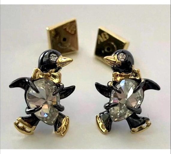 Vintage Y2K Alexis Bittar Baby Penguin Stud Earrings with Ice Rhinestone Belly