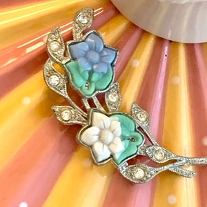 1940s Art Deco Floral Lapel Pin, Baby Blue and White Flowers & Rhinestone Vintage Brooch, Spring Jewelry Spray image 7