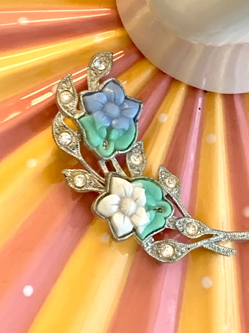 1940s Art Deco Floral Lapel Pin, Baby Blue and White Flowers & Rhinestone Vintage Brooch, Spring Jewelry Spray image 7