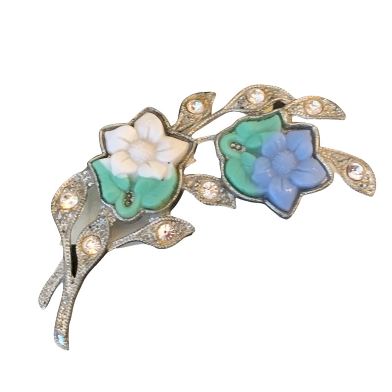1940s Art Deco Floral Lapel Pin, Baby Blue and White Flowers & Rhinestone Vintage Brooch, Spring Jewelry Spray image 1