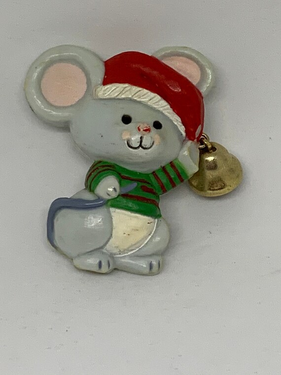 Adorable SANTA Mouse with Bell Critter Pin Vintage Hallmark Cards Holiday Christmas Pin