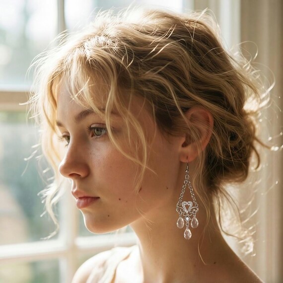 Y2K Sparkly Heart & Faux Crystal Chandelier Dangles, Shiny Silver tone Glamour Jewelry Statement Earrings, Vintage Earrings