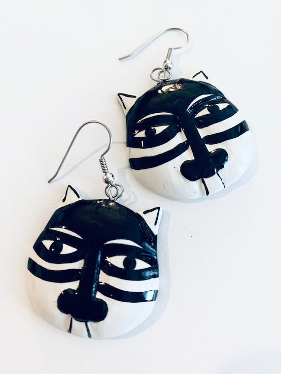 Vintage Graphic Cat Earrings, Black and White Hand Painted Wood Kitty Dangles, Funky Feline Tribal Jewelry!