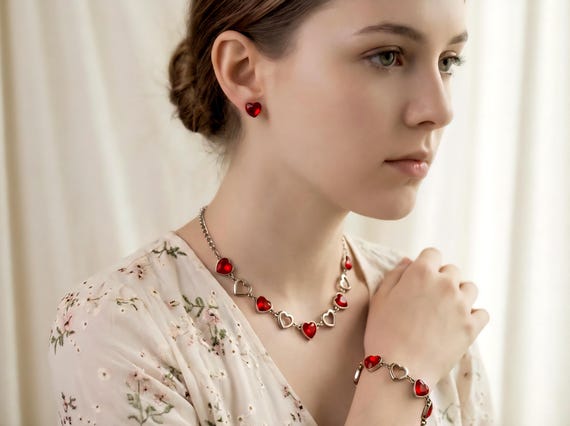 Y2k Vintage Sparkling Red Gem Heart Jewelry Set: Choker Necklace, Bracelet and post Earrings, dazzling Valentines Day gift or date night