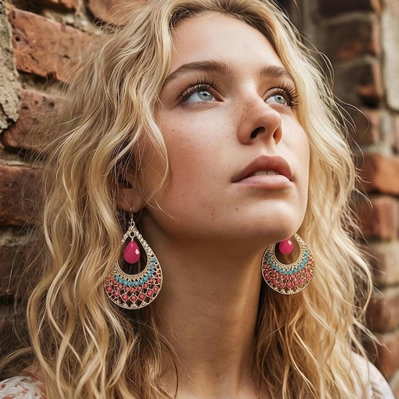 Vintage Glitzy Y2K Large Teardrop Hoop Dangles,  Millennial Southwestern inspired Glamour Jewelry
