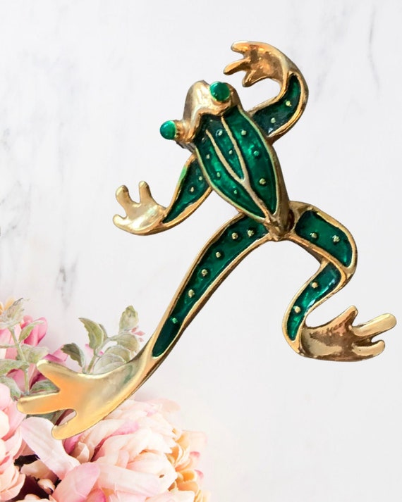 Articulated Frog Pin, Green Enamel & Goldtone Frog with Swingy Legs Lapel Pin, Vintage Brooch