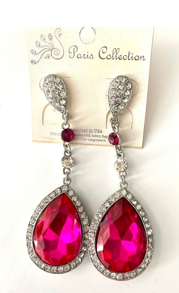 Hot Pink Teardrop Dangles, unworn 90s Glamour Jewelry, still on original card, Big Bold Vintage Statement Earrings