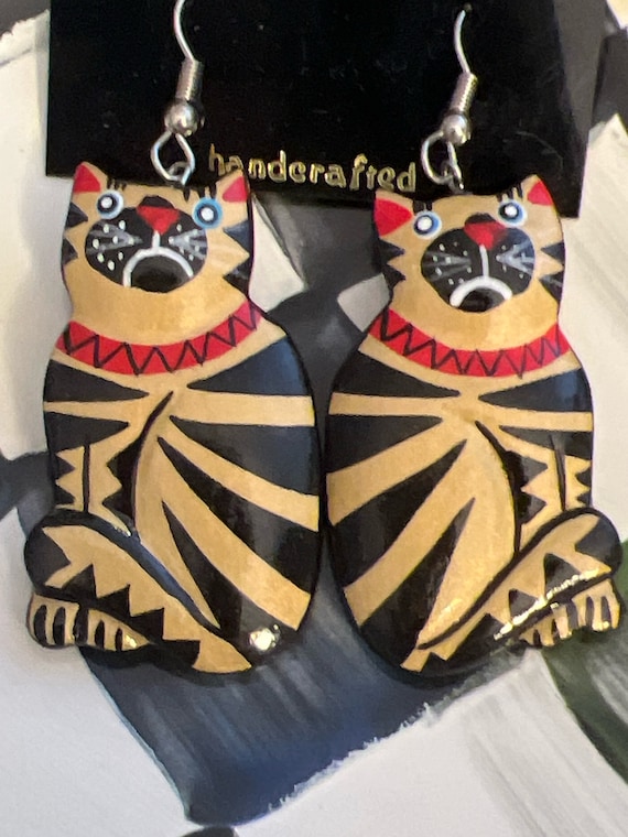 Vintage Graphic Tiger Cat Earrings, Artisan Hand Painted Wooden Dangles, Kitsch Funny Cartoon Jewelry!