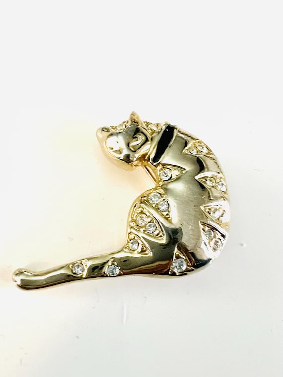 Vintage Rhinestone Cat Brooch, Black Enamel Collar, Golden Kitty Pin