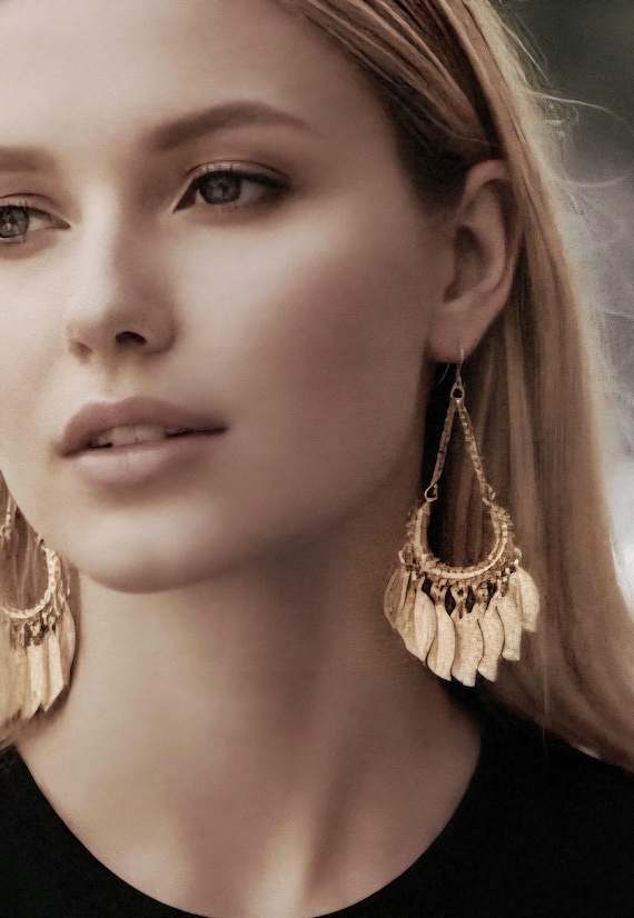 Vintage Y2K Boho Golden Feathery Dangles, Tribal Millennial Glamour Jewelry
