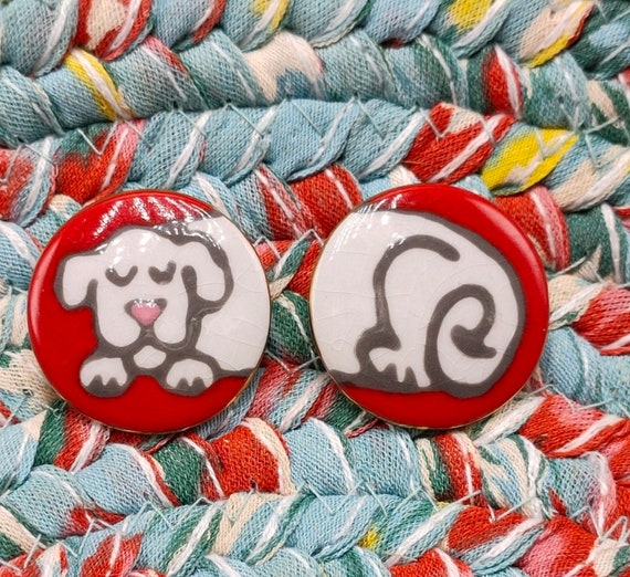 Hand Painted Doggie Puppy Glazed Ceramic Vintage Earrings, Red Button Style front and back, Super Cute Fun and Cheerful Critter!