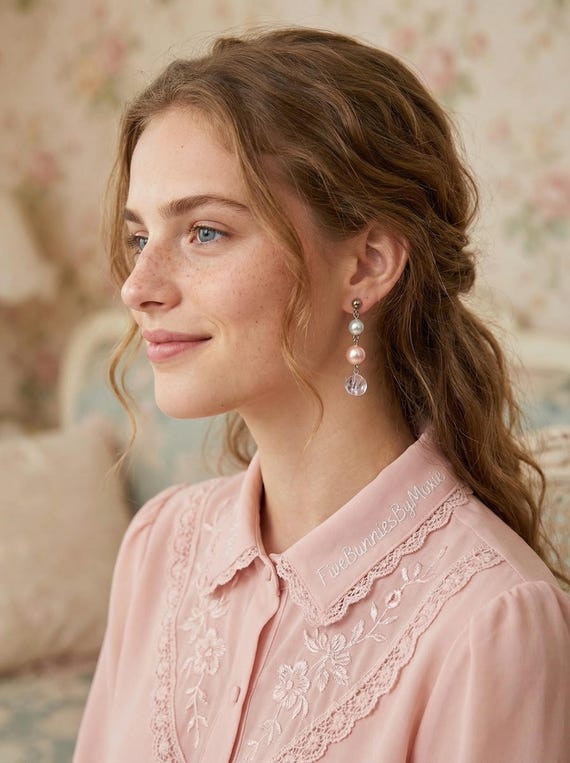 Y2K Pink Pearl Crystal Dangle Earrings, Georgian Regency Revival Glamour Jewelry