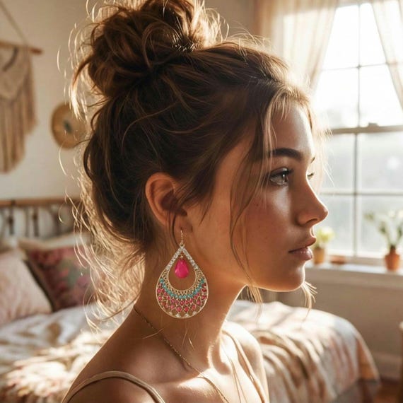 Glitzy Y2K Large Teardrop Hoop Dangles,  Millennial Southwestern inspired Glamour Jewelry Vintage Earrings