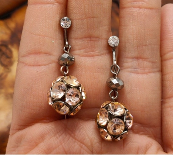 Pale Peach Rhinestone Globe Dangle and Drop 50s Vintage Earrings, Peachy Swingy Ball Clip ons