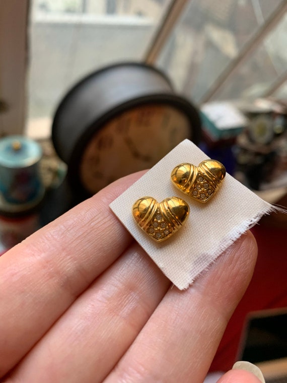 Vintage Avon Heart Earrings, Art Deco Shiny Golden Hearts with Sparkly Rhinestones, Date Night Dainty Studs, or Gift for sweetheart