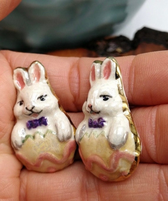 Vintage Hand Painted Porcelain Easter Bunny in Egg Rabbit Earrings